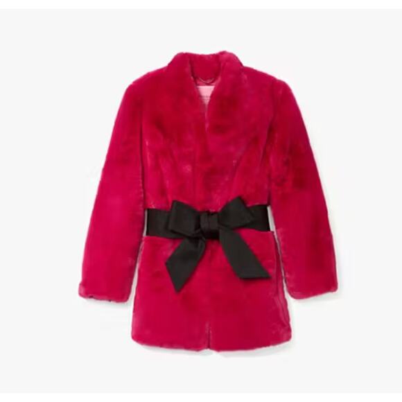 Women’s L Kate Spade Bow-waist Faux Fur Coat Faux Fur Coat‎ Hot Pink